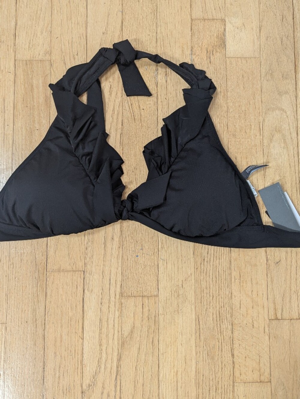Kenneth Cole Black Ruffle Halter Triangle Bikini Top D Cup